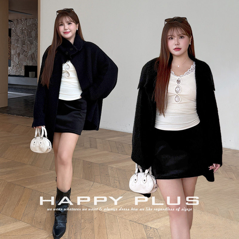 happyhut加肥加大码女装200斤胖mm秋新款韩甜辣中长开衫短裙套装