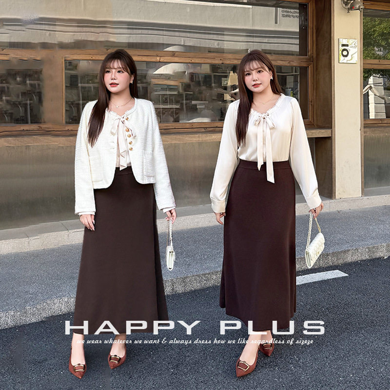 happyhut加肥加大码女装200斤胖mm精致通勤a字针织半身裙通勤套装