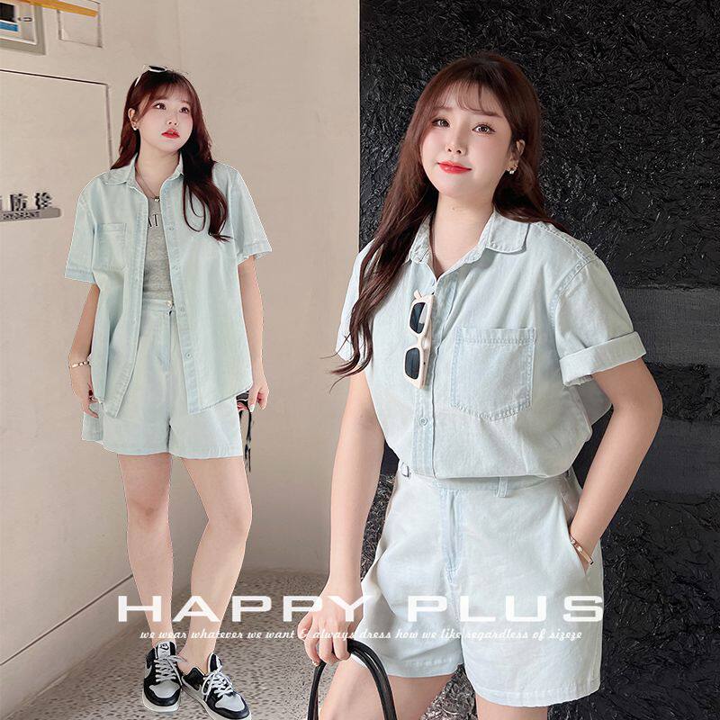 happyhut加肥加大码女装200斤胖mm水洗薄款牛仔衬衫阔腿短裤套装