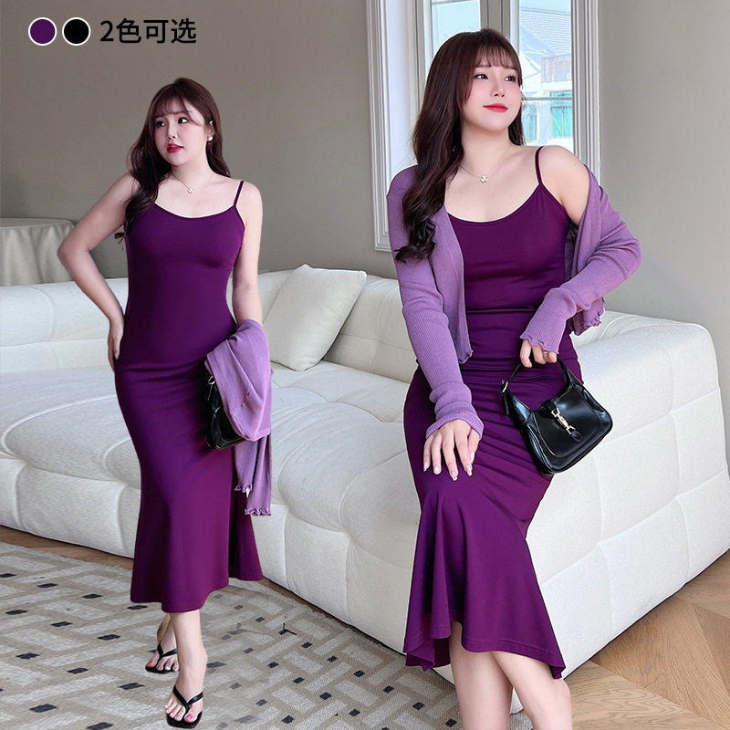 happyhut加肥加大码女装200斤胖mm鱼尾裙包臀吊带长裙吊带连衣裙