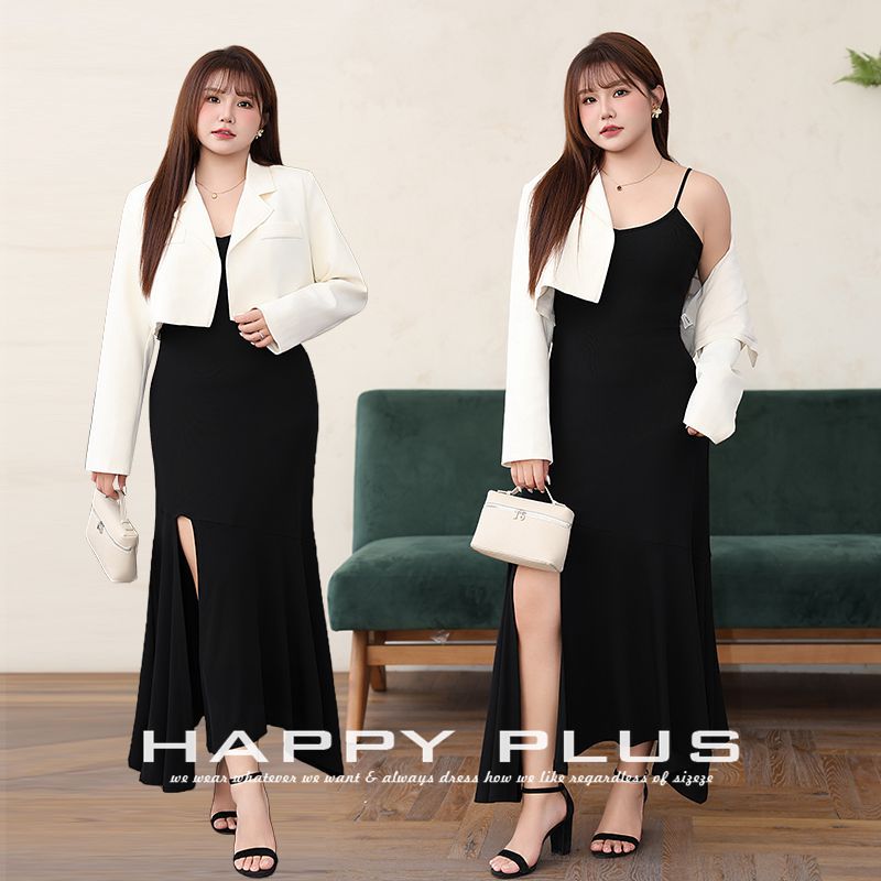 happyhut加肥加大码女装200斤胖mm夏设计感腰短款西服吊带裙套装