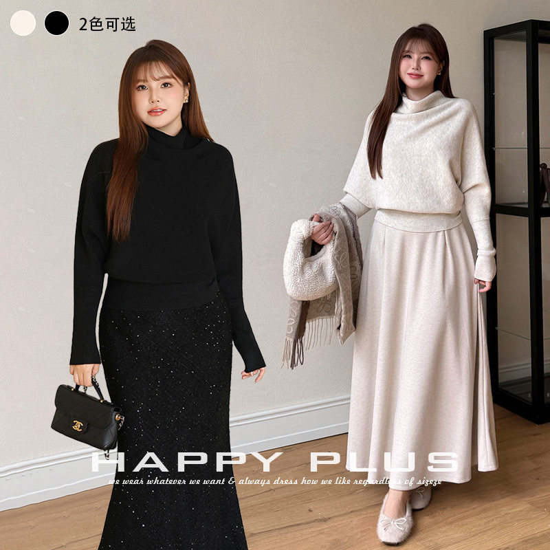 happyhut加肥加大码女装200斤胖mm秋套头上衣堆堆领褶皱收腰毛衣