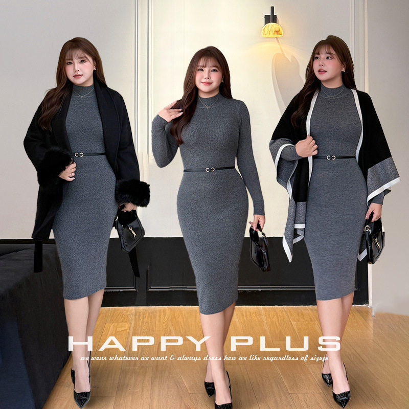 happyhut加肥加大码女装200斤胖mm半高领修身针织连衣裙长款内搭