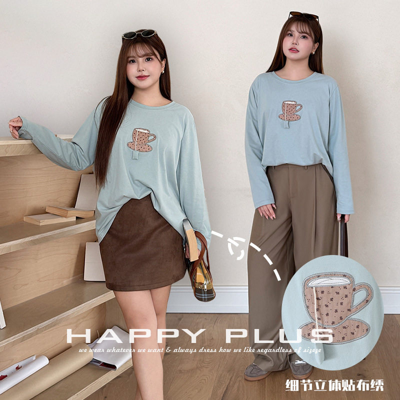 happyhut加肥加大码女装200斤胖mm秋圆领卫衣贴布绣宽松长袖T恤衫