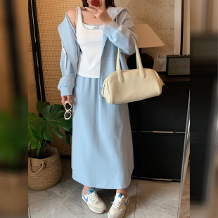 加肥加大200斤大码女装胖mm春连帽外套+撞色吊带+半身裙时尚套装