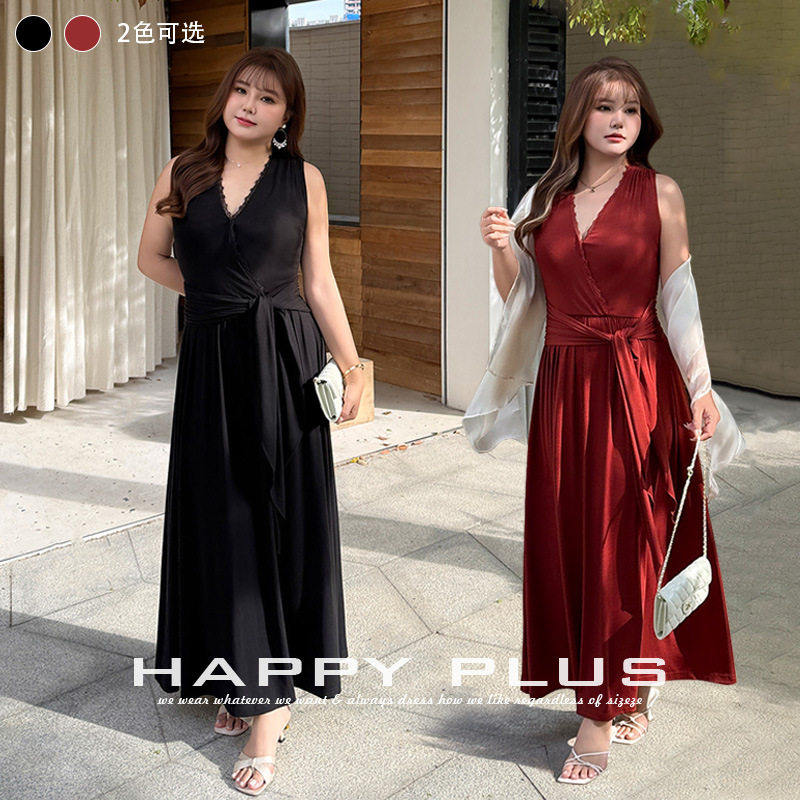 happyhut加肥加大码女装200斤胖mm夏法式冰感莱赛尔天丝V领连衣裙