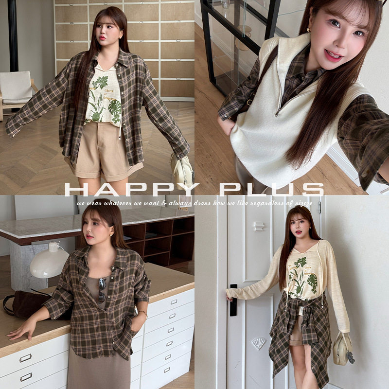 happyhut加肥加大码女装200斤胖mm舒适治愈宽松色织复古格纹衬衫