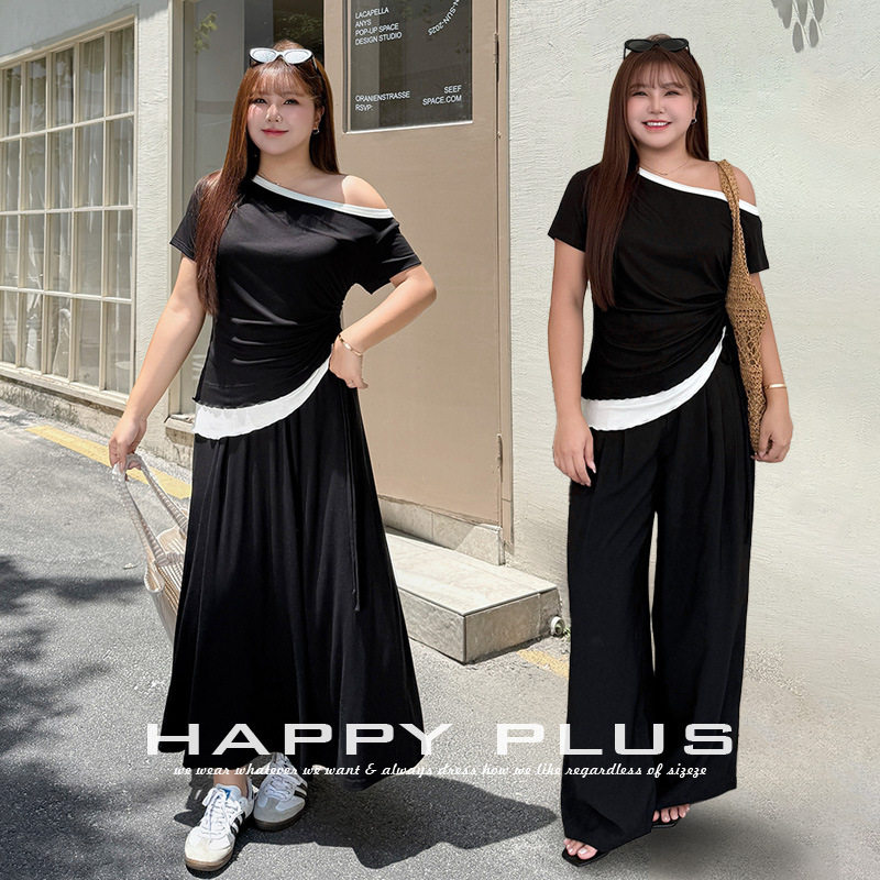 happyhut加肥加大码女装200斤胖mm斜肩上衣半身裙长裤三件套套装