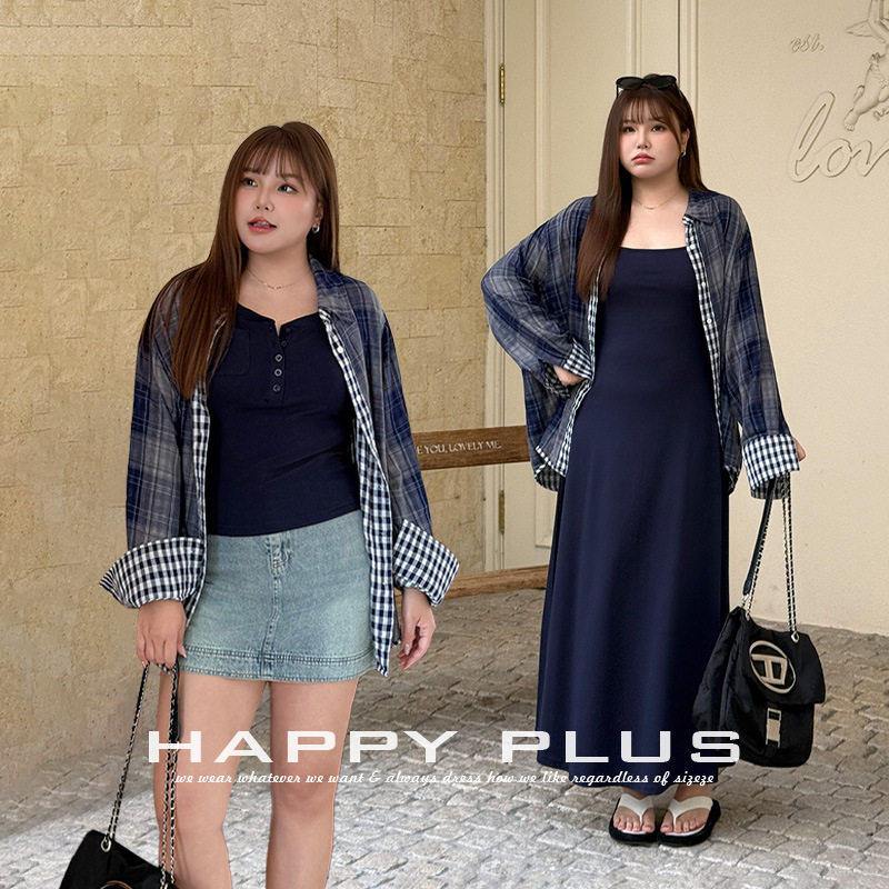 happyhut加肥加大码女装200斤胖mm棉纱长袖衬衫双面叠穿格纹衬衣