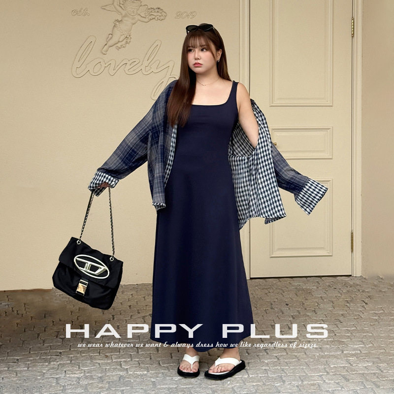 happyhut加肥加大码女装200斤胖mm吊带裙衬衫套装方领背心连衣裙