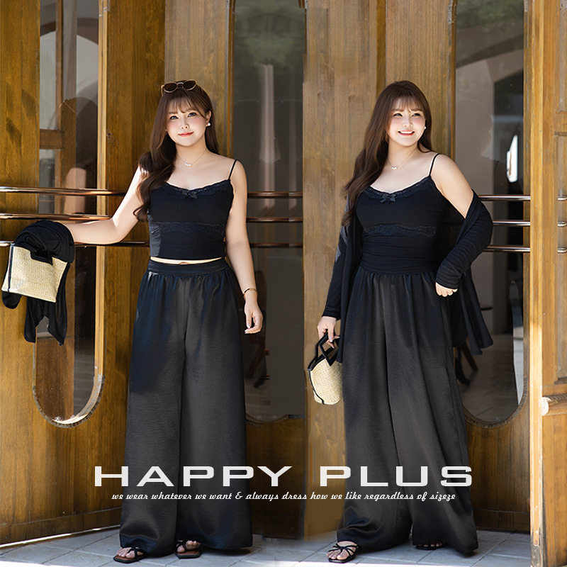 happyhut品牌加肥加大码女装200斤胖mm夏度假垂感缎面宽松阔腿裤