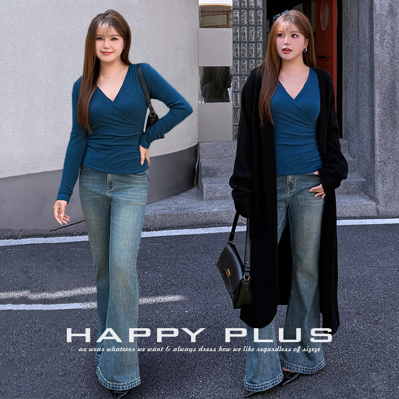 happyhut加肥加大码女装200斤胖mm法式冬套装V领堆褶收腰修身上衣