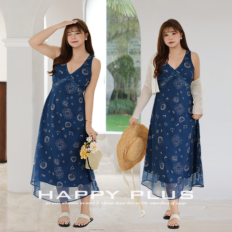 加肥加大码女装200斤胖mm夏星空海洋V领收腰a字连衣裙吊带连衣裙