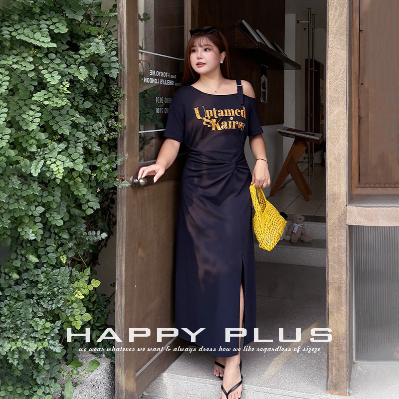 happyhut加肥加大码女装200斤胖mm夏时髦斜肩开叉扭结收腰连衣裙