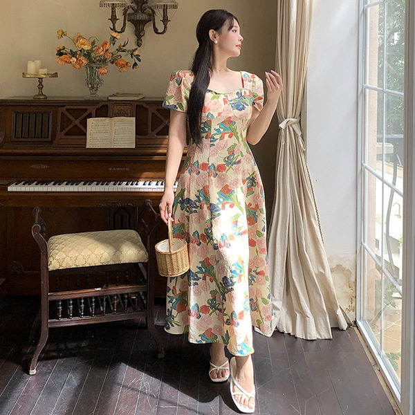 加肥加大码女装200斤胖mm高级感法式复古碎花连衣裙气质优雅长裙