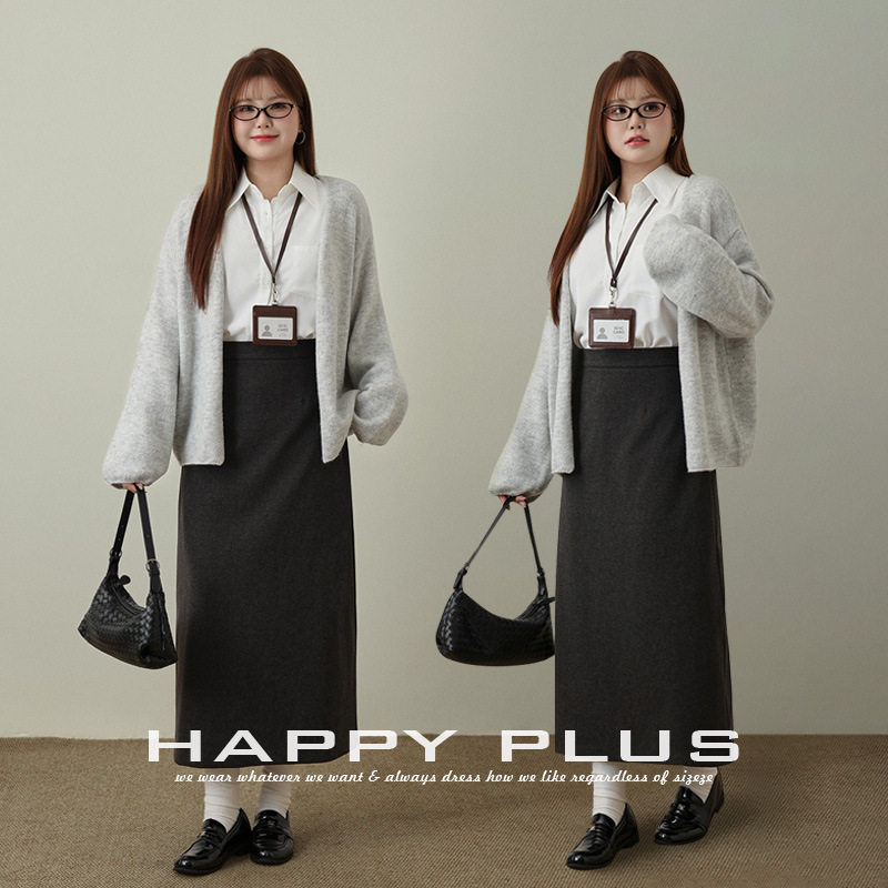 happyhut加肥加大码女装200斤胖mm办公室通勤套装毛呢A字高腰半裙