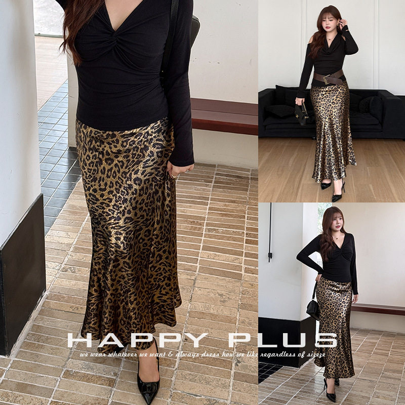 happyhut加肥加大码女装200斤胖mm秋半裙光泽豹纹长款鱼尾半身裙