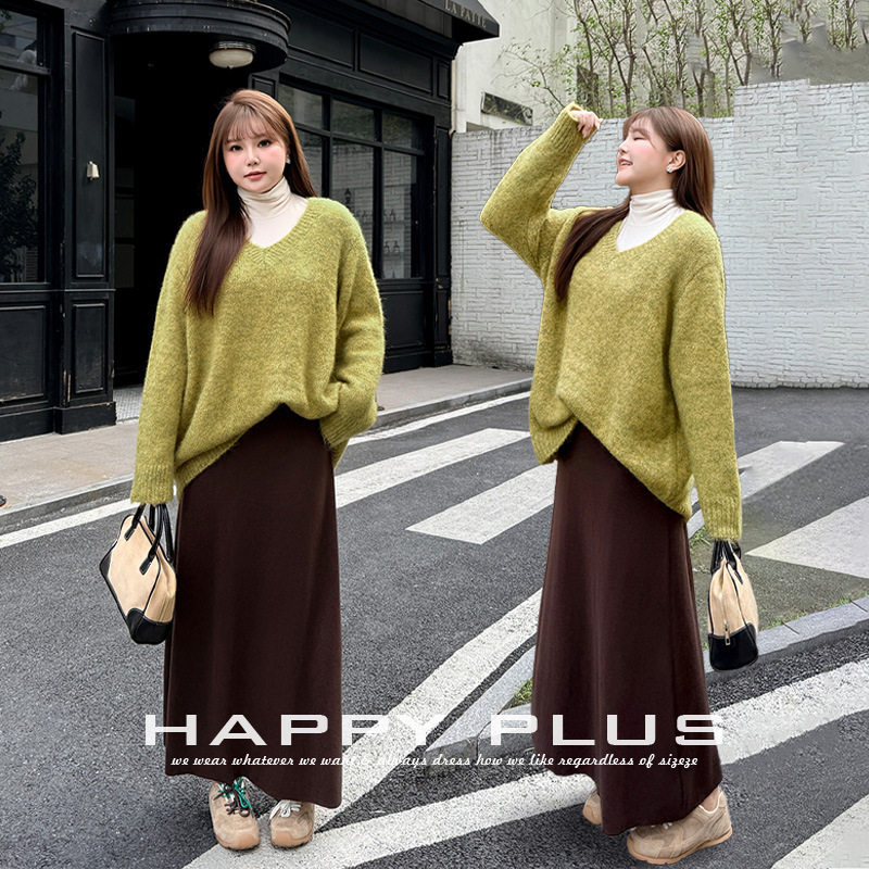 happyhut加肥加大码女装200斤胖mm套装羊驼毛宽松慵懒V领花纱毛衣