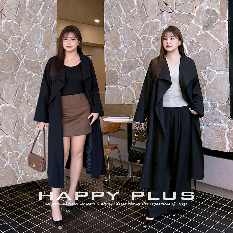 happyhut加肥加大码女装200斤胖mm摩登大翻领中长款风衣外套大衣