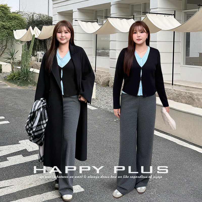 happyhut加肥加大码女装200斤胖mm通勤v领假两件针织职场感3套装