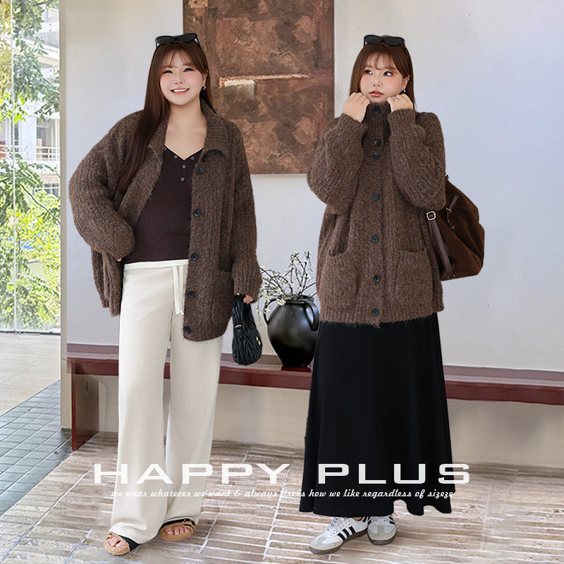 happyhut加肥加大码女装200斤胖mm仿羊驼绒慵懒立领毛衣宽松外套