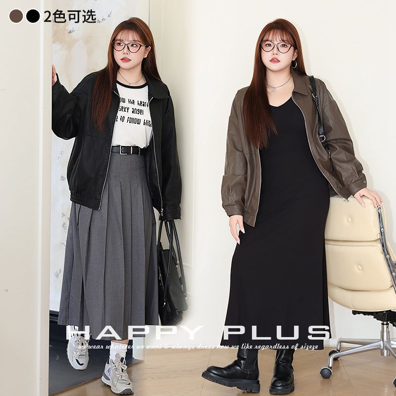 happyhut加肥加大码女装200斤胖mm秋复古帅气机车PU皮衣外套上衣