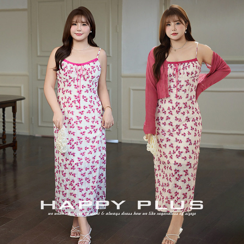 happyhut加肥加大码女装200斤胖mm夏法式温柔碎花肌理吊带连衣裙