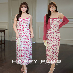 happyhut加肥加大码女装200斤胖mm夏法式温柔碎花肌理吊带连衣裙