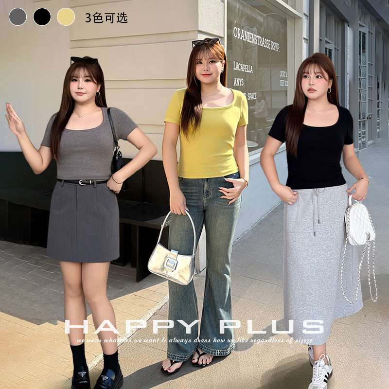 happyhut加肥加大码女装200斤胖mm夏季大方领弹力修身短袖T恤上衣