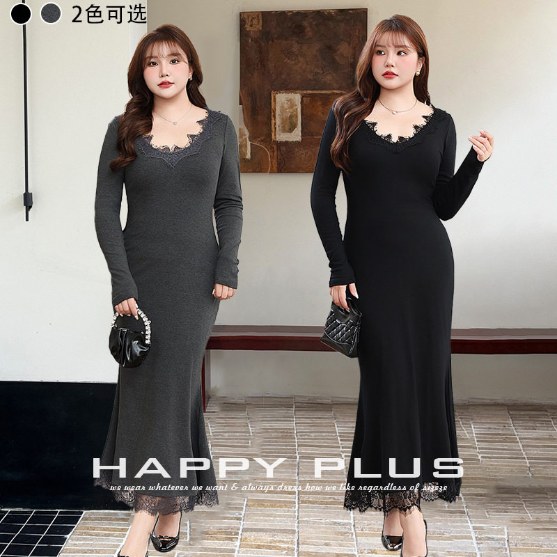 happyhut加肥加大码女装200斤胖mm冬包臀鱼尾连衣裙卡戴珊连衣裙