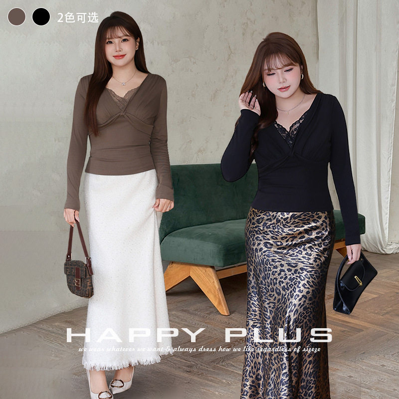 happyhut加肥加大码女装200斤胖mm秋冬法式打底衫假两件针织上衣