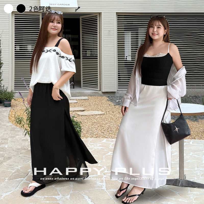 happyhut加肥加大码女装200斤胖mm双层假两件缎面侧开叉半身长裙
