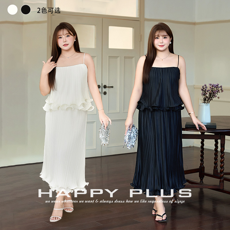 Happyhut加肥加大码女装200斤胖mm法式花瓣吊带褶皱半身裙2件套装