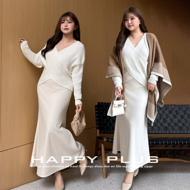 happyhut加肥加大码女装200斤胖mm冬法式V领御姐毛衣披肩半裙套装