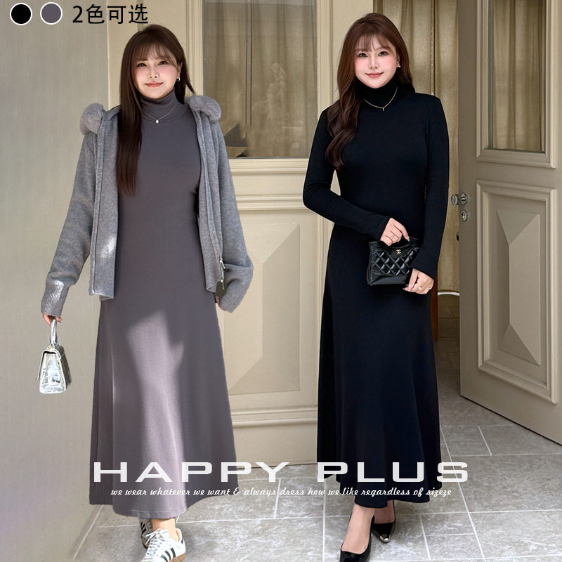 happyhut加肥加大码女装200斤胖mm冬法式针织收腰A字小高领连衣裙