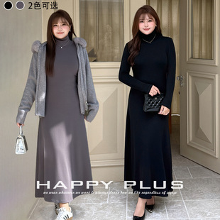 happyhut加肥加大码女装200斤胖mm冬法式针织收腰A字小高领连衣裙