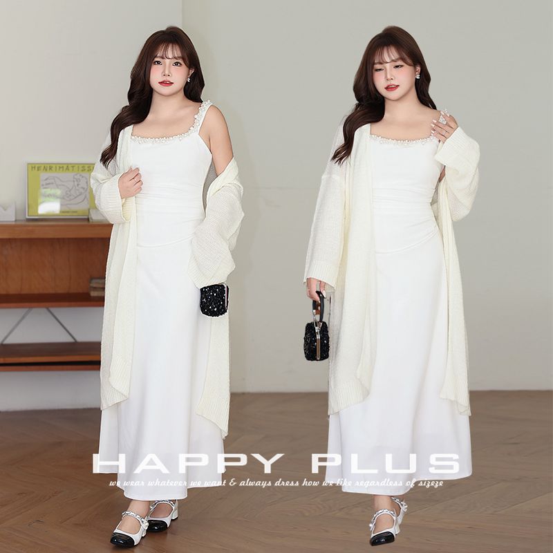 happyhut加肥加大码女装200斤胖mm方领法式收腰礼服吊带裙连衣裙