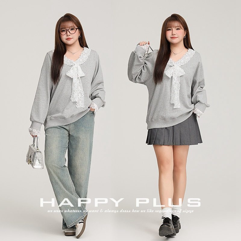 加肥加大码女装200斤胖mm春V领宽松卫衣学院蕾丝蝴蝶结T恤衫上衣
