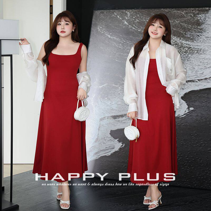 happyhut加肥加大码女装200斤胖mm夏套装方领长款背心连衣裙套装
