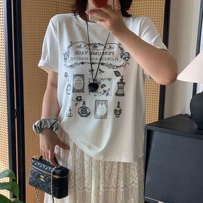 双天2026春季新款大码女装200斤胖mm休闲百搭复古印花短袖T恤9265