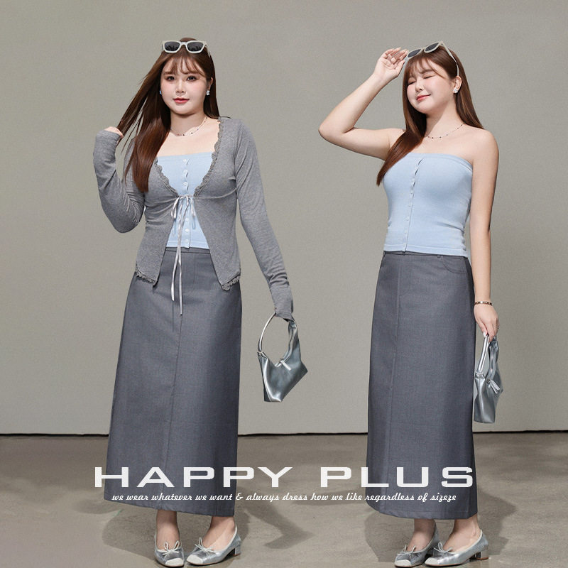 happyhut加肥加大码女装200斤胖mm气质灰中长直筒西装半身裙套装