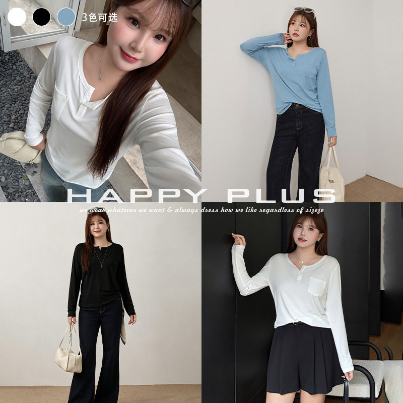 happyhut加肥加大码女装200斤胖mm四季打底舒适宽松3色长袖T恤衫
