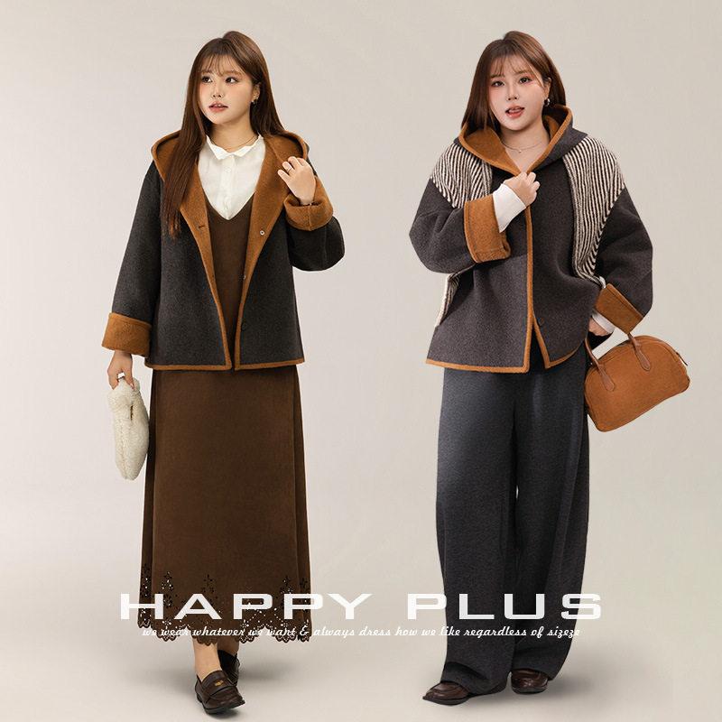 happyhut加肥加大码女装200斤胖mm秋外套双色双面呢连帽短款大衣