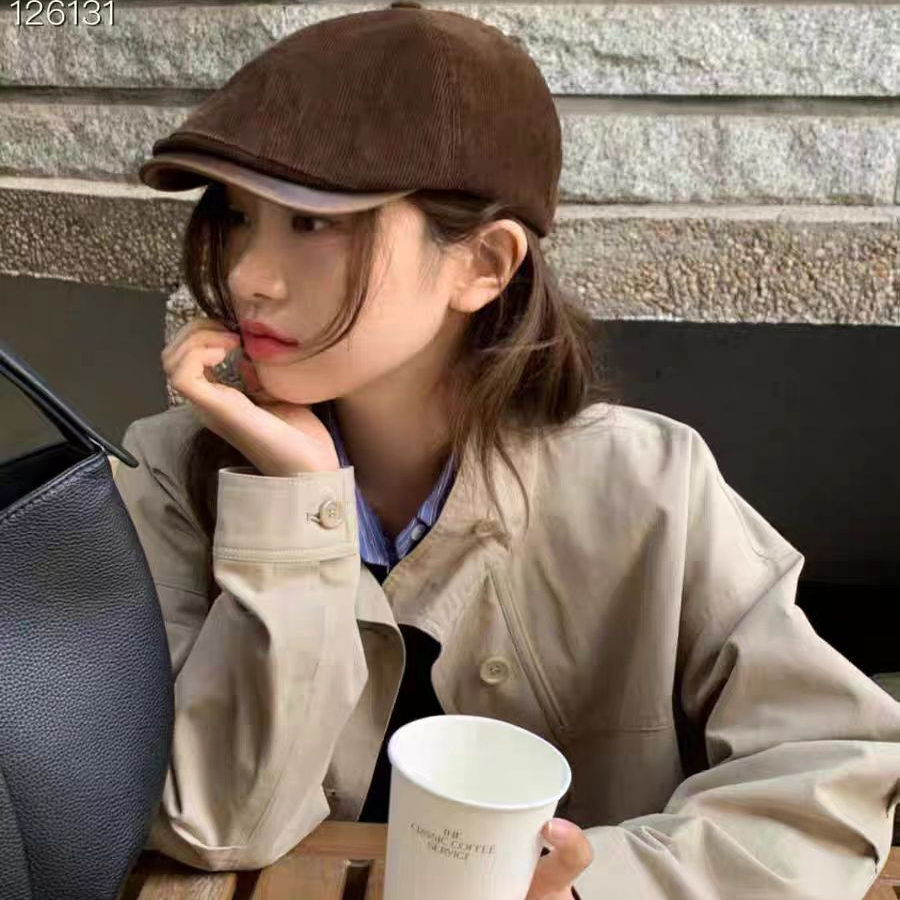 韩国进口条绒质地复古拼接前进帽25新款小众皮质鸭舌帽女款秋冬帽