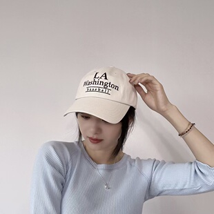 韩国代购LA四季棒球帽纯棉子女百搭弯檐鸭舌帽红色刺绣字母帽子