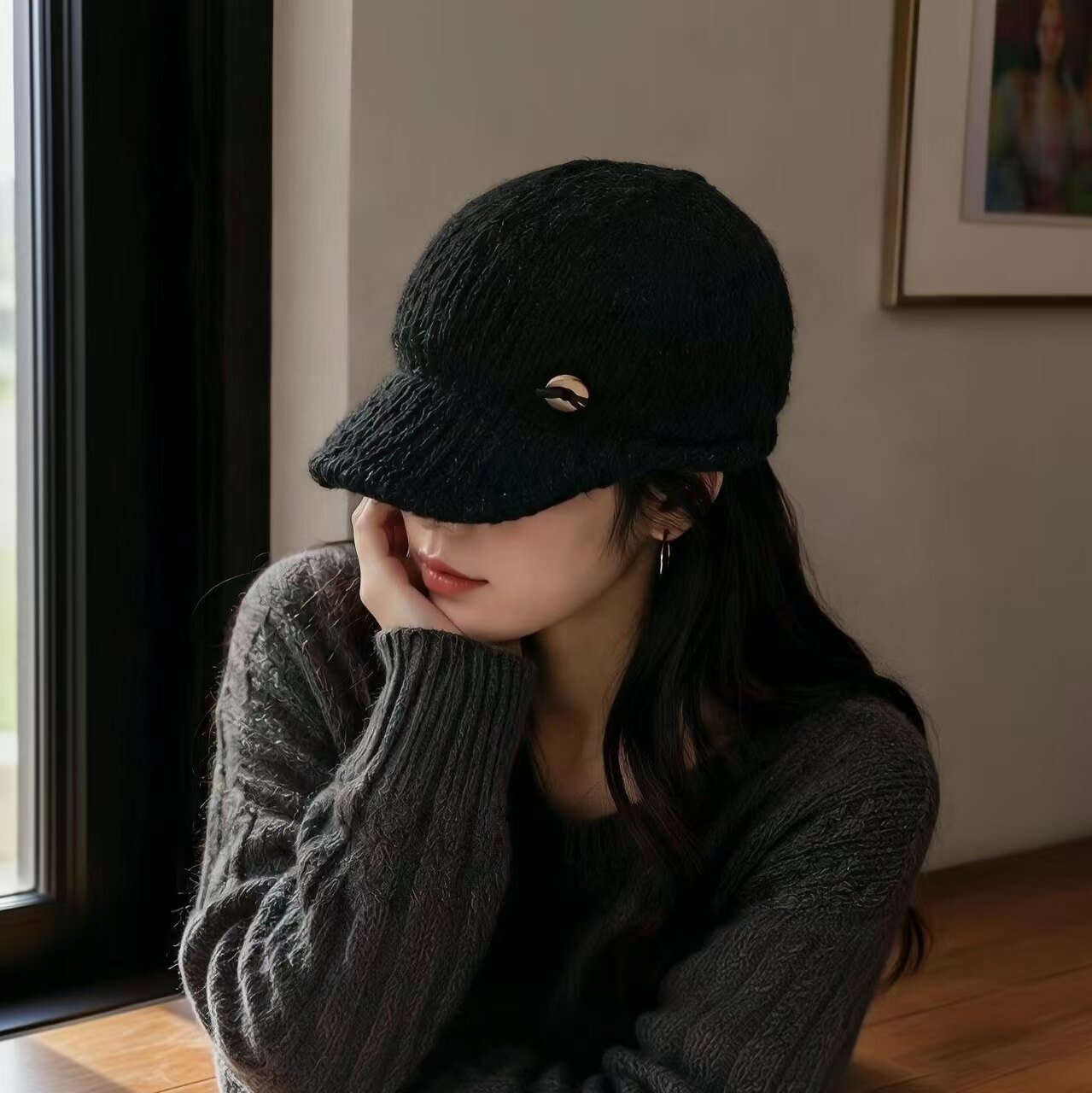 韩国代购含羊毛护耳鸭舌帽女秋冬