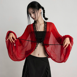 古典舞蹈古风系带练功演出服飘逸仙气红色纱衣宽松新中式披肩上衣