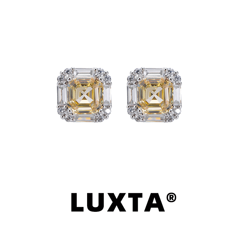 LUXTA 纯银黄色方糖钻耳钉嘻哈男 高级感冰糖耳饰锆石女同款潮