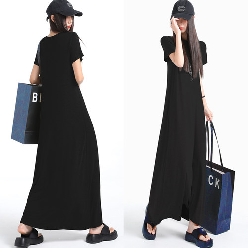 短袖莫代尔宽松度假A字连衣长裙