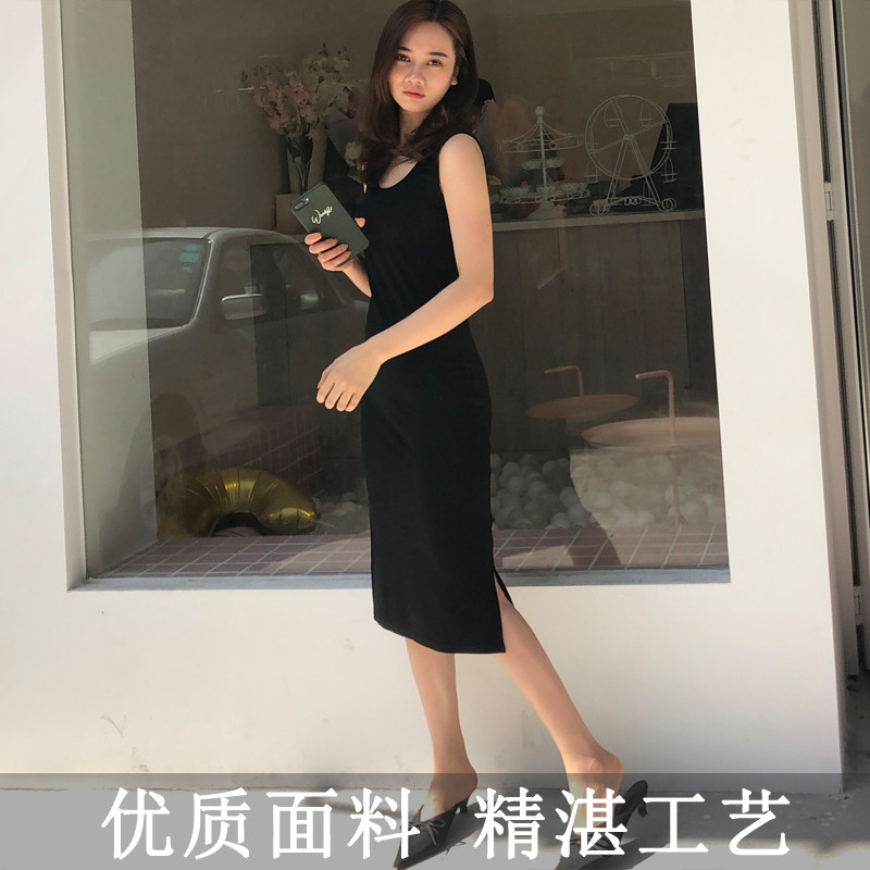 夏季2026韩版莫代尔长裙侧开叉中长款包臀女修身背心打底连衣裙子